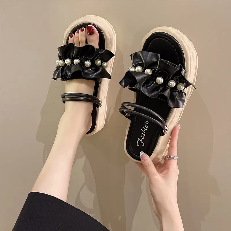 

Slippers Women Summer String Bead Platform Luxury Slides Shoes Med Pantofle Designer Flat 2022 Rome PU Basic Scandals Fashion