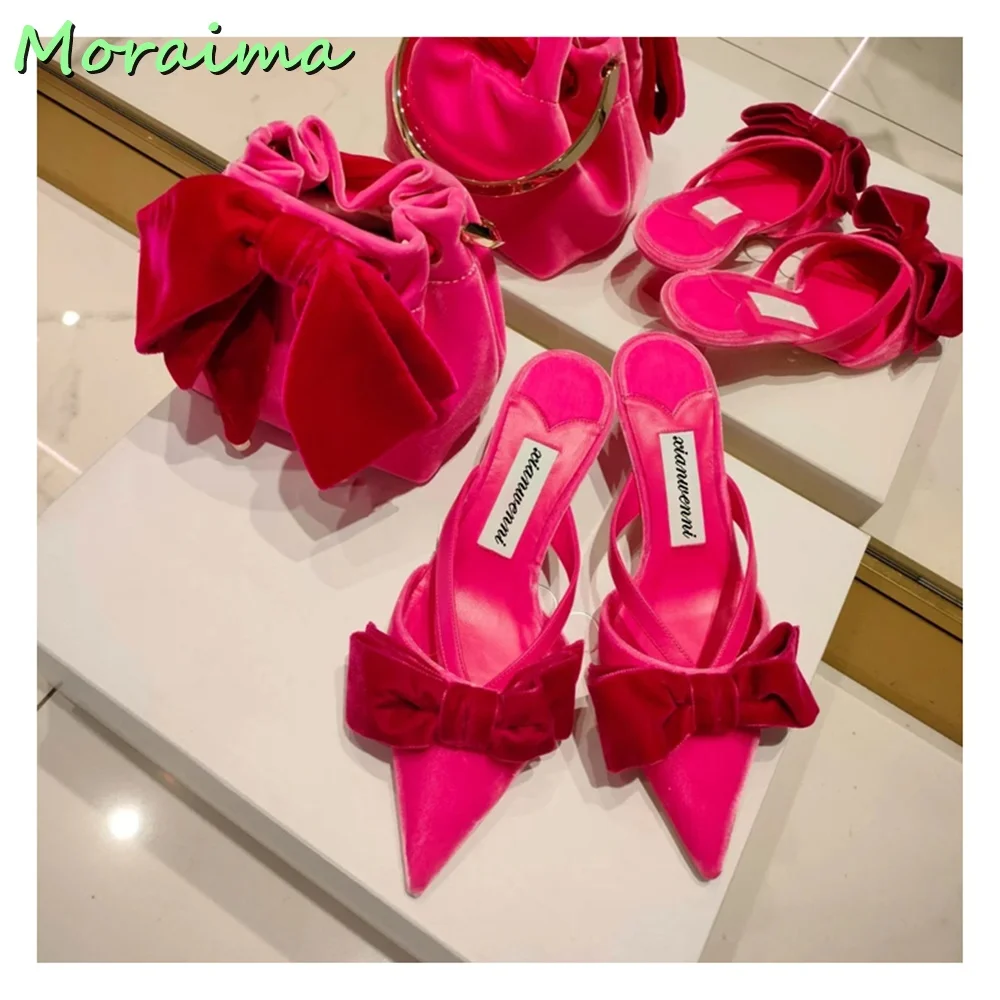 Rosy Red Velvet Butterfly Knot Slides Designer Women Pointed Toe Satin Mesh Slippers Summer Sexy Thin Mid Heel New Arrival 2023