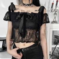 new women gothic sling t shirt y2k vintage sexy fashion t shirt party club black lace see through mesh top spring summer 2022