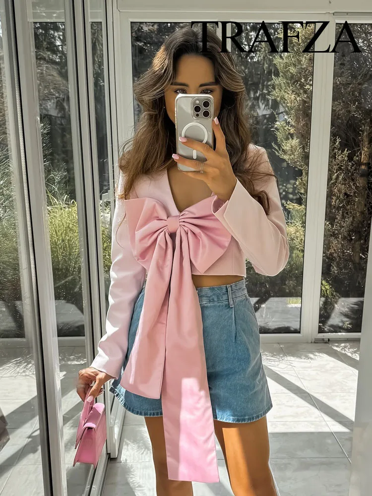 Женский блейзер с бантом и V-образным вырезом длинным рукавом