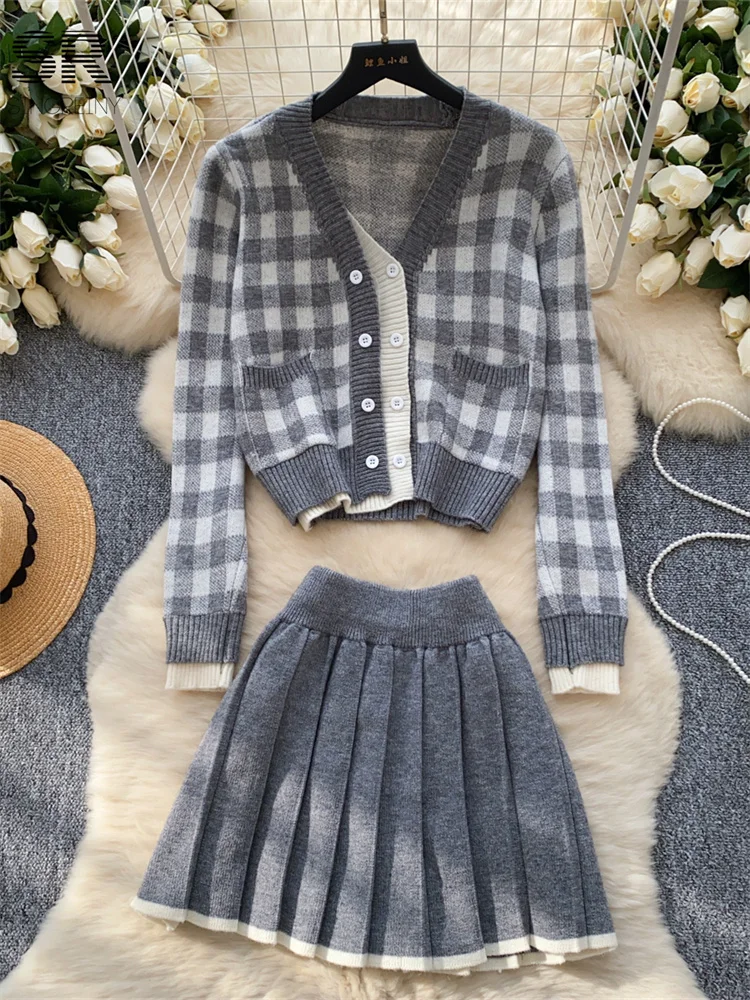 SINGREINY клетчатые комплекты в консервативном стиле женский однобортный кардиган с