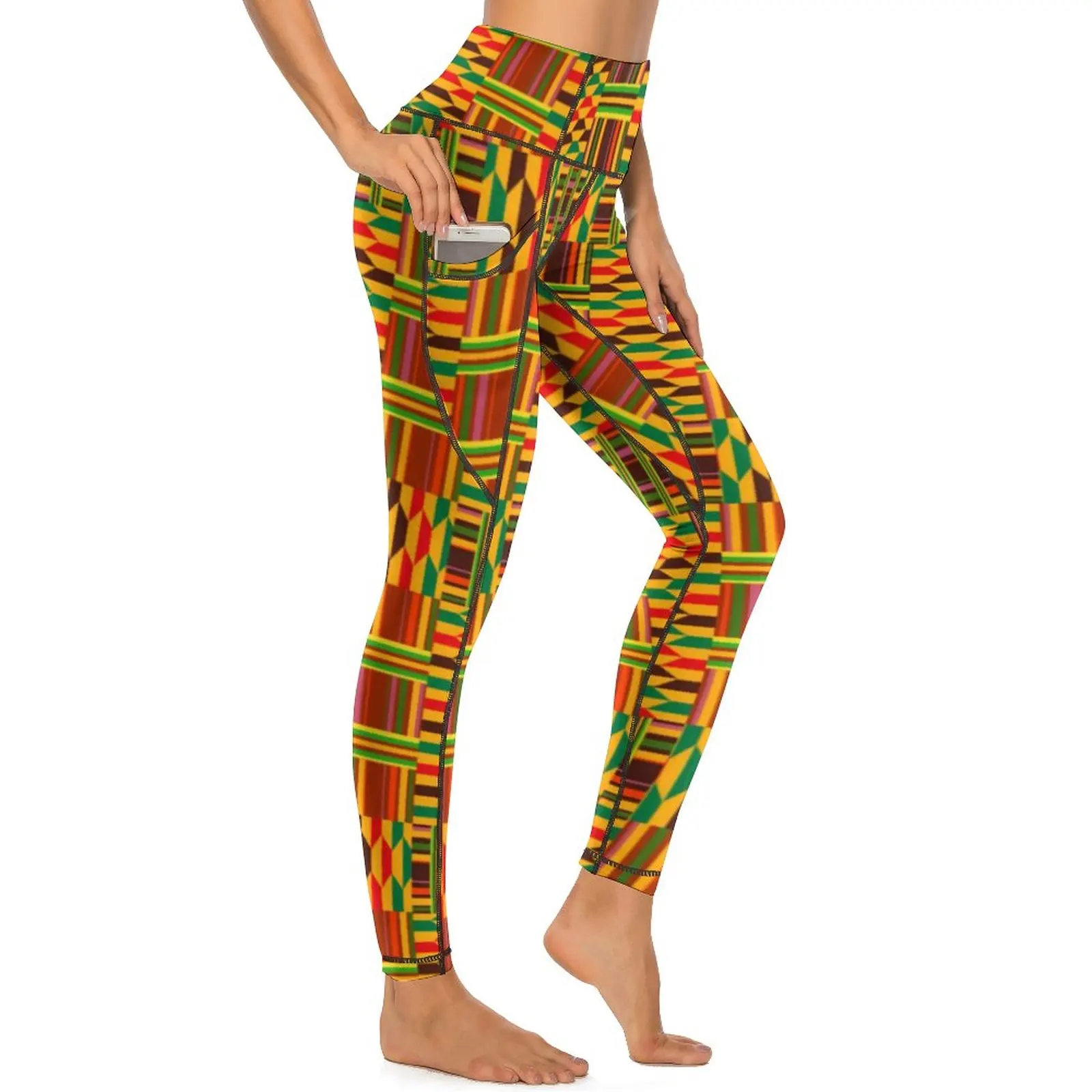 

Vintage African Leggings Colourful Kente Gym Yoga Pants Female High Waist Sweet Sport Pants Pockets Elastic Graphic Yoga Legging