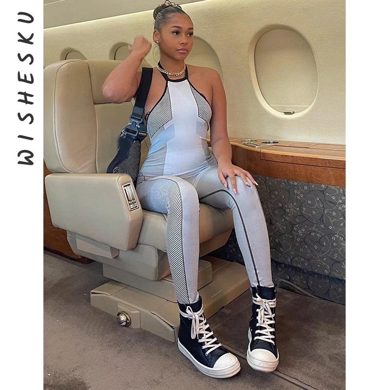

Sexy Halter Sleeveless Skinny Jumpsuits Women Backless Patchwork One Piece Rompers 2022 Summer Harajuku Sporty Overalls