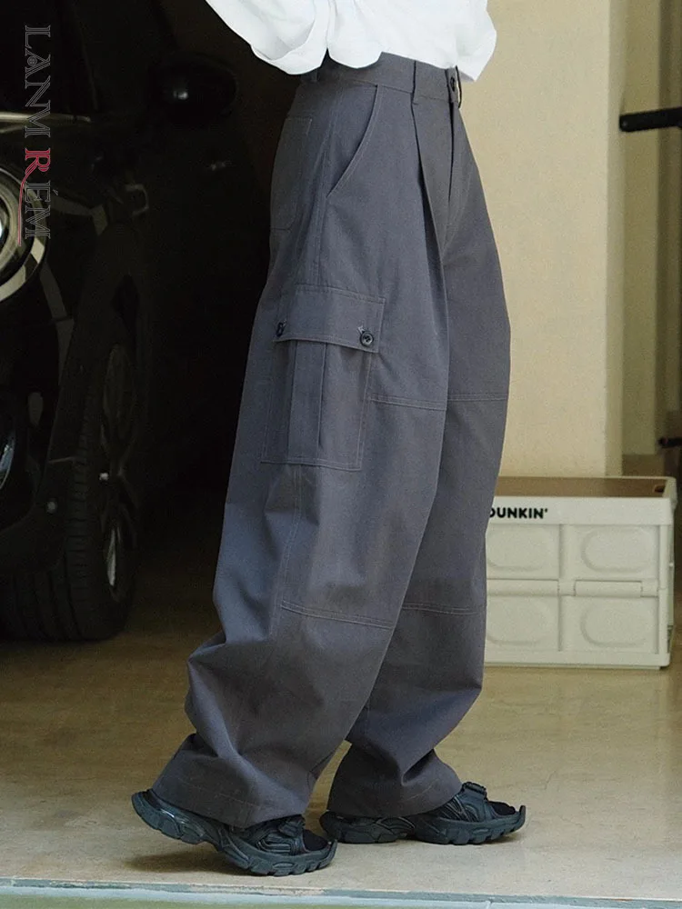 

LANMREM Loose Casual Pants For Women Solid Color High Waist Pockets Wide Leg Trousers Female Streetwear Autumn Winter 2L1122