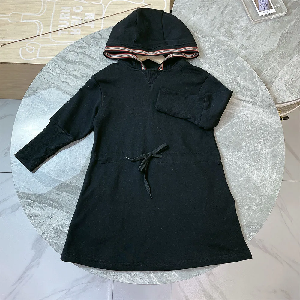 

High end children's dress black stripe design hooded girl's dress European and American style cotton A-line party dress