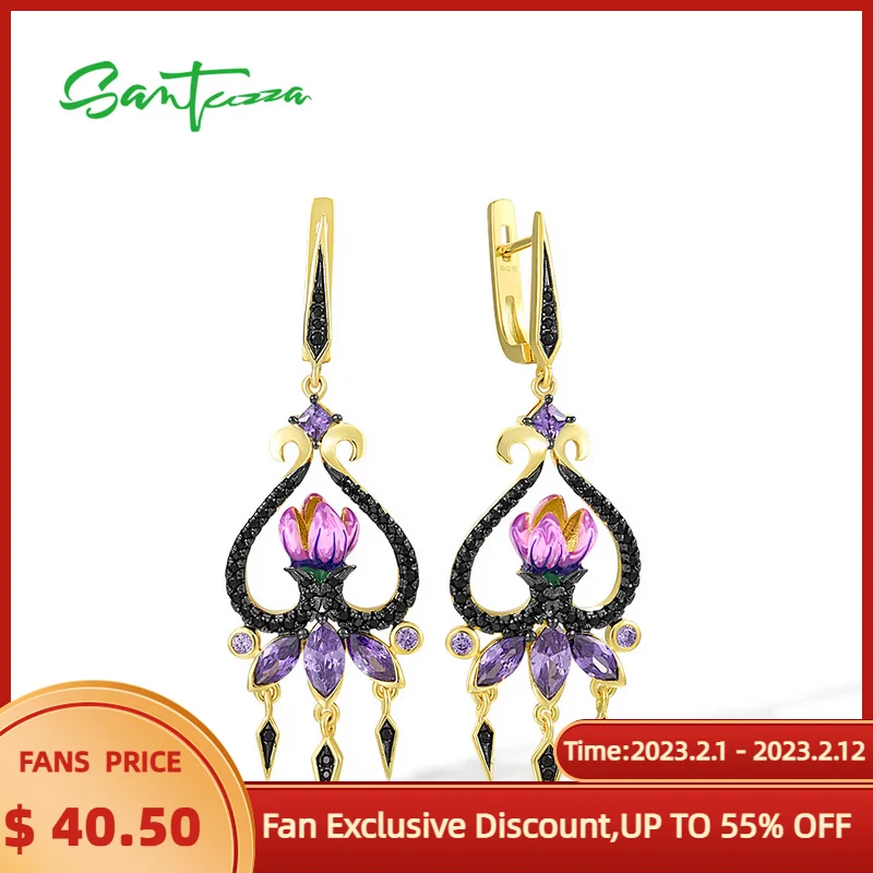 

SANTUZZA Pure 925 Sterling Silver Drop Earrings For Women Black Spinel Amethyst CZ Enamel Flower Glamorous Fine Jewelry Handmade