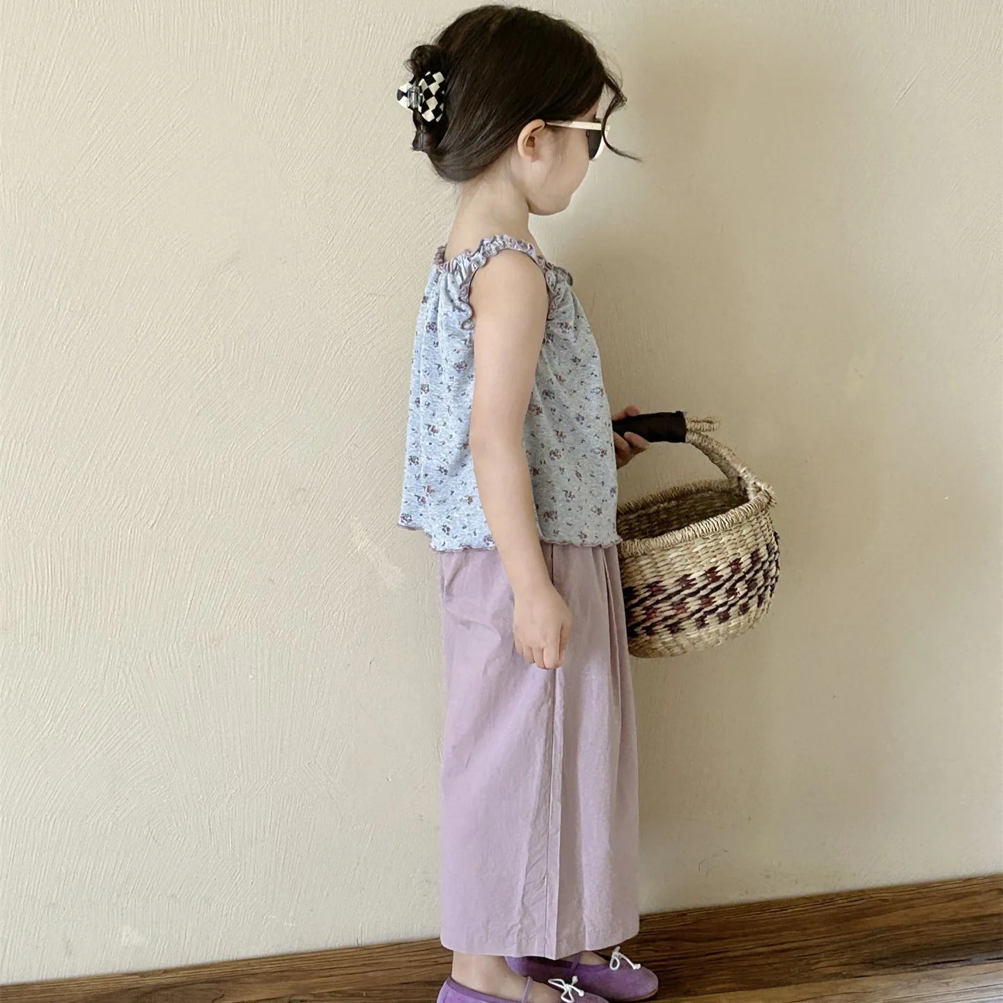 Костюм для девочек 2024 корейский стиль летние новые хлопковые широкие брюки с