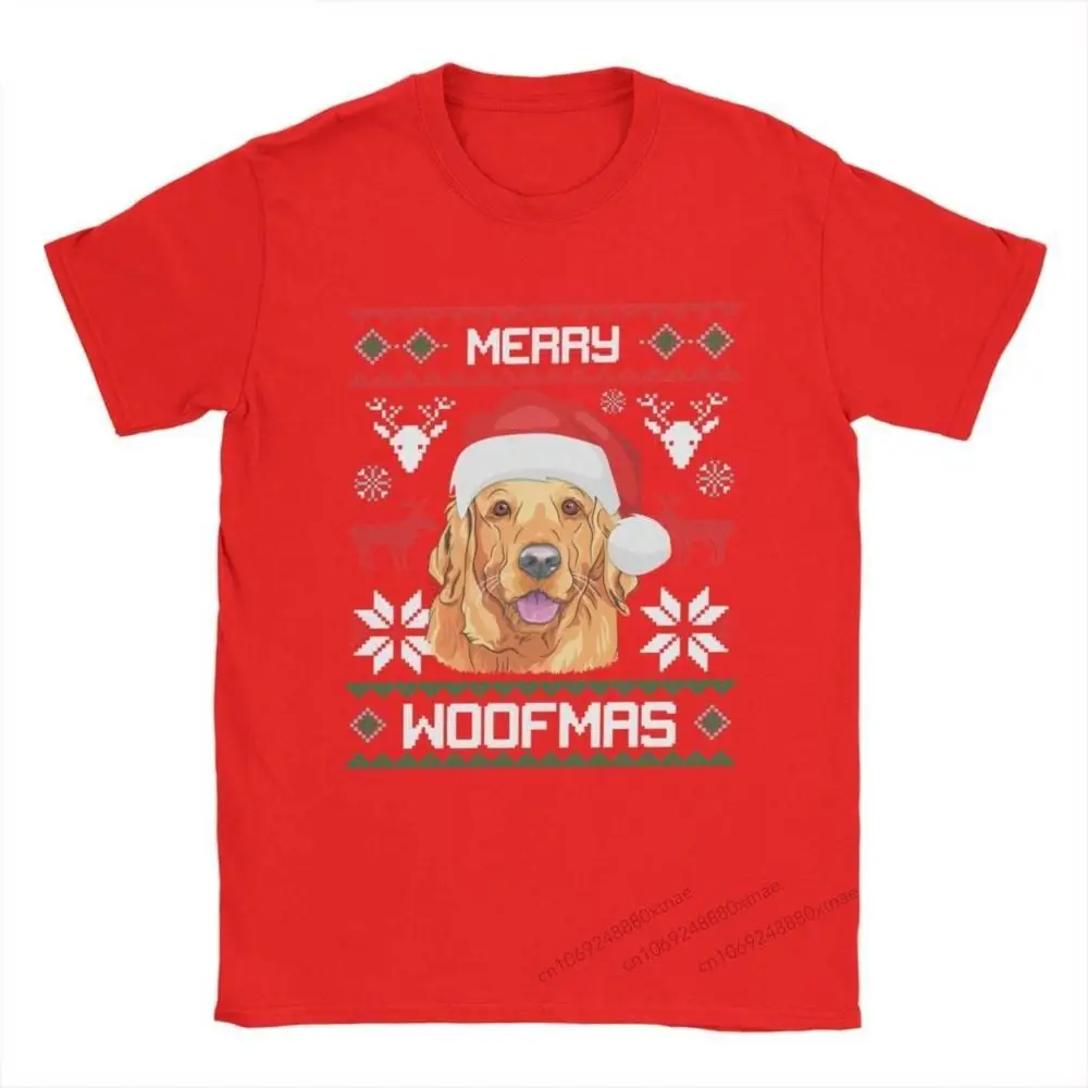 

Men T-Shirt Golden Retriever Merry Woofmas Christmas Vintage Cotton Tee Shirt Short Sleeve Dog T Shirt Crewneck Clothes Unique