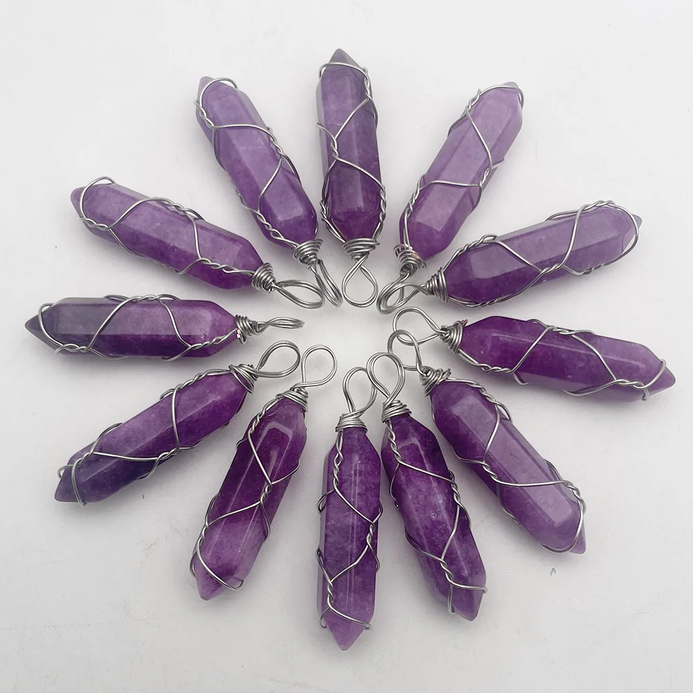 

Fashion 24pc Natural purple stone Winding silver color metal necklace pendant for jewelry making DIY gift accessories wholesale