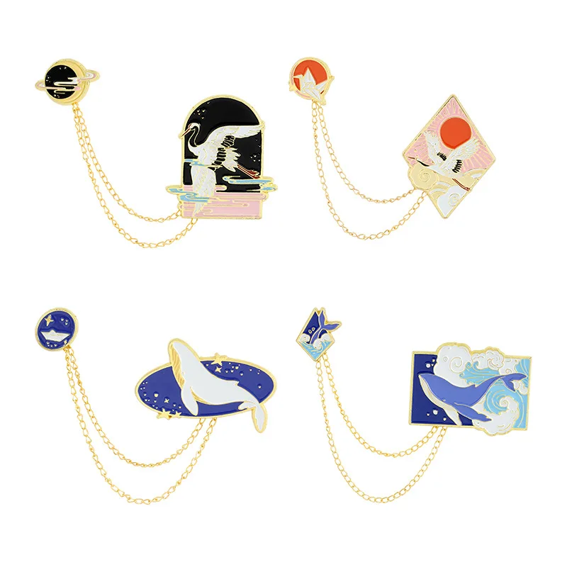 

Creative Crane Planet Paint Chain Pins Wave Whale Pins Accessories Clothing Backpack Brooch Enamel Lapel Pins Badge Wholesale