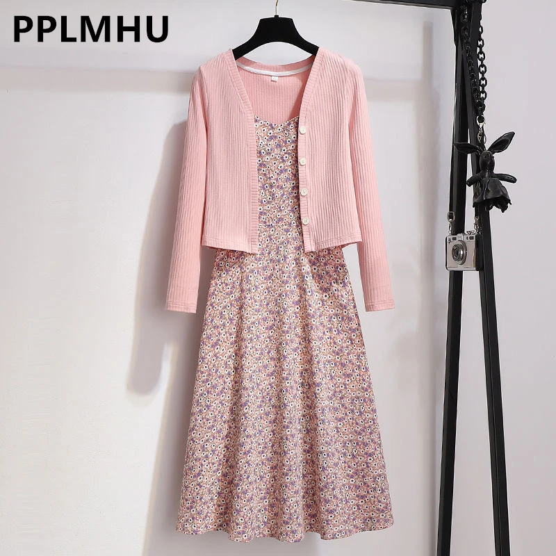 Summer Dresses 2 Piece Print Sets Women Elegant Sweet Pink Midi Dress Cardigan And Floral Robes Suits Spaghetti Vestido Outfits