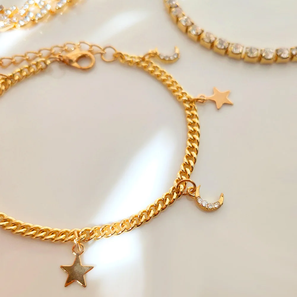 Женские браслеты из кубинской цепи Flatfoosie 3 шт. модные со сверкающими звеньями