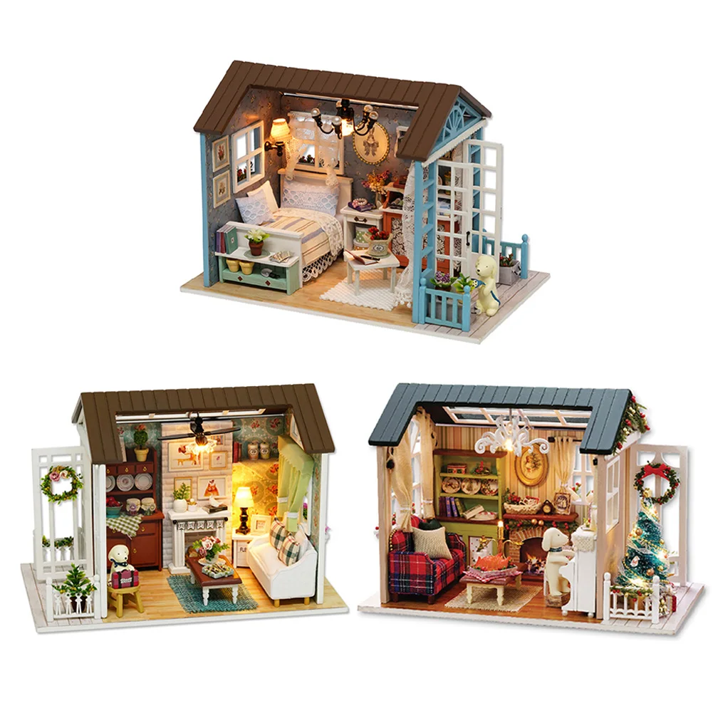 

DIY Wooden Miniature Dollhouse Kit with Furniture LED Lights Tiny House Model Kids Toys Birthday Gifts with Dust Cover