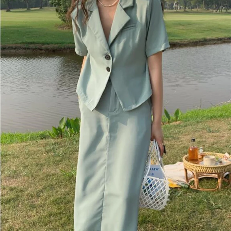 

Korean Blazer Suits Summer Two Piece Set Women Skirt Short Sleeve Tops + High Waist Long Skirt 2 Pcs Outfits Vetement Femme 2022