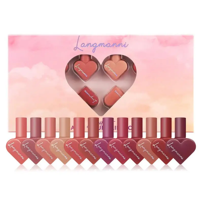 

12 Colors Matte Lip Gloss Long Lasting Lip Glaze Moisturizing Mini Heart Design Set Long Wear Nonstick Cup Velvet Lip Gloss