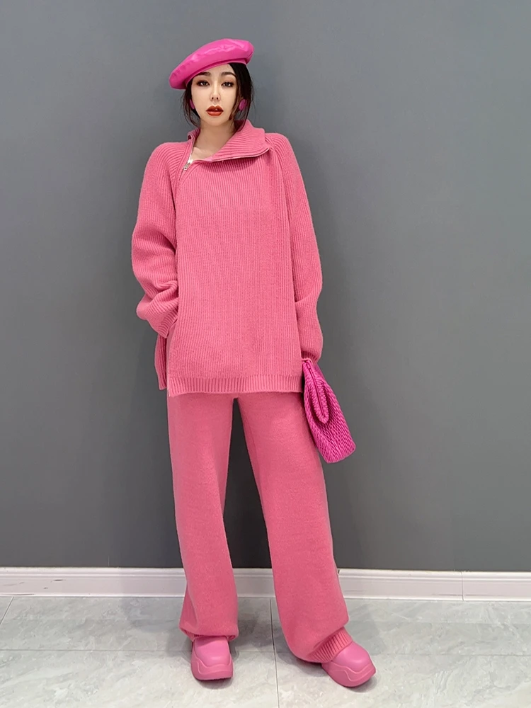 

SuperAen 2022 Winter New Korean Fashion High Neck Knitted Sweater Top Casual Pants Two Piece Set Women