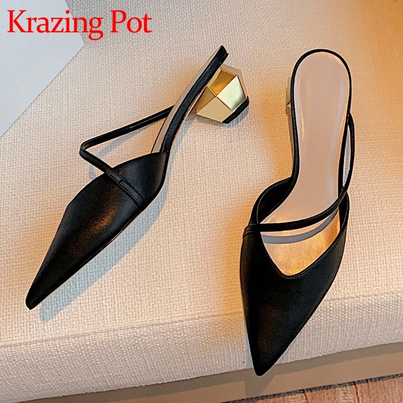 

Krazing pot genuine leather pointed toe strange med heel slip on mules shallow high street fashion classic color women pumps L32