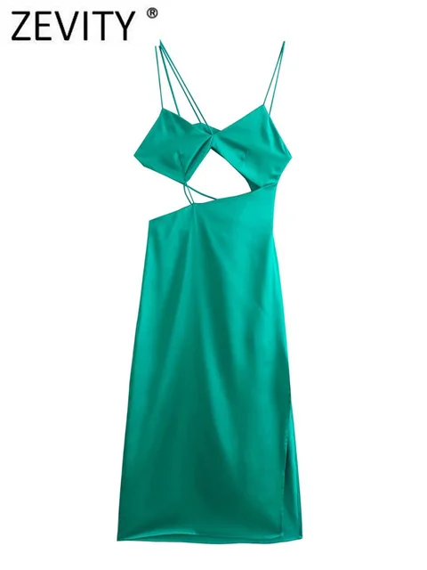 ZEVITY New Women Sexy Asymmetrical Soft Satin Sling Dress Female Chic High Street Side Zipper Hollow Out Party Vestidos DS3781 3