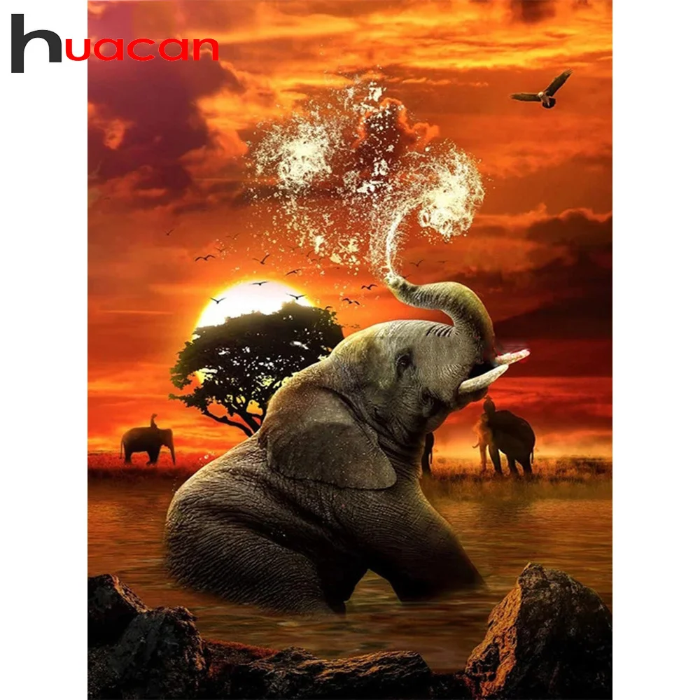 Huacan Full Diamond Embroidery 5D Elephant Diamond Mosaic Painting Animals Sunset Personalized Gift Bedroom Decoration