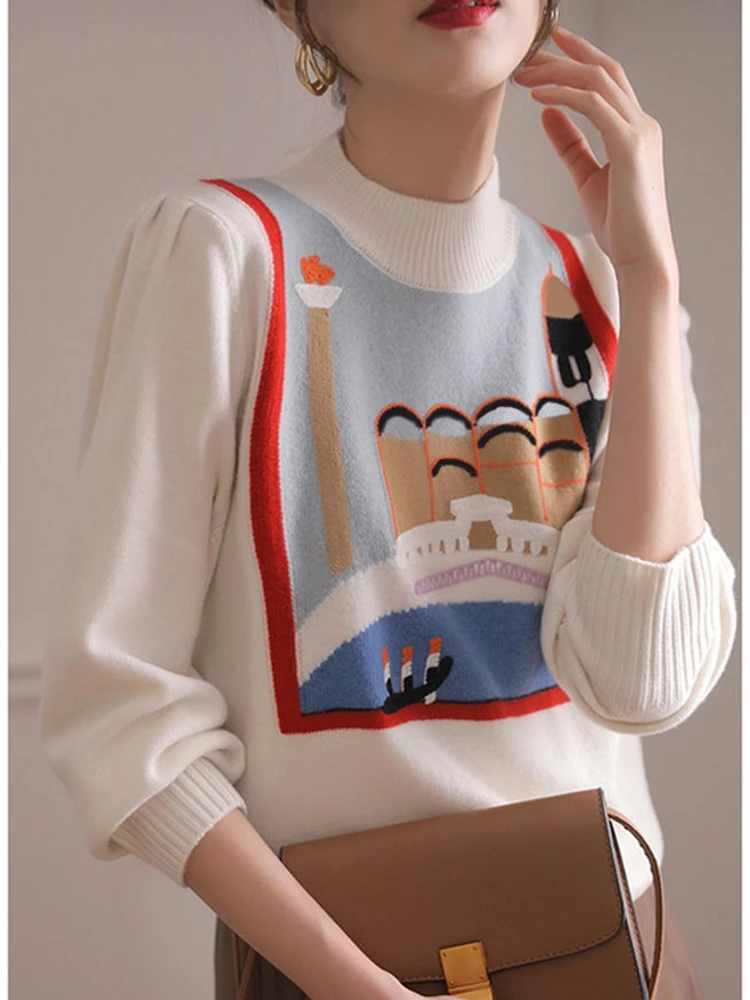 

Женский винтажный вязаный свитер с мультяшным рисунком и круглым вырезом, модный шикарный женский вязаный пуловер с длинными рукавами, джемперы для весны и осени
