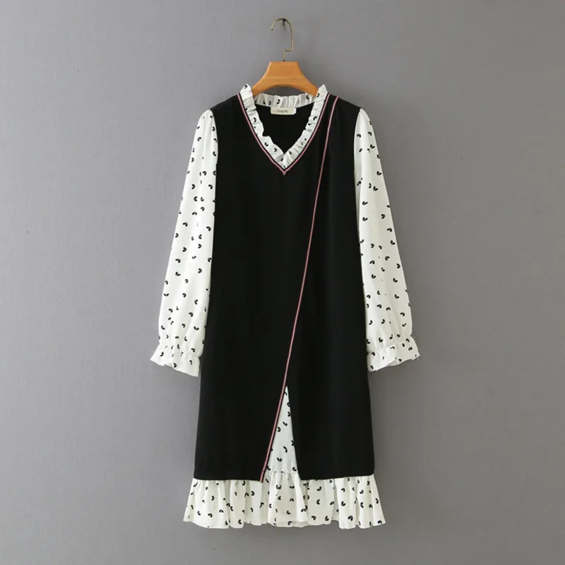 

Women's Casual Dress 2022 Spring Autumn New Fashion V-neck Peach Heart Print Chiffon Stitching Dress Loose Long Sleeves Dress