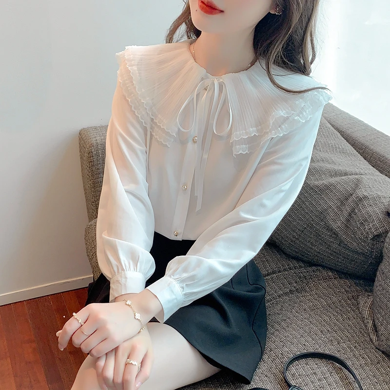 

New Blouses Spring Autumn Women Shirt Single Breasted Chiffon Blouse Spliced Mesh Lace Collar Long Sleeve Chiffon Shirt 982E