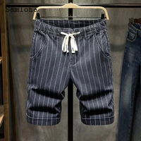 plus size 6xl men fashion demin bottom mid waist drawstring short jeans loose vintage stripes half pants male summer hotpants