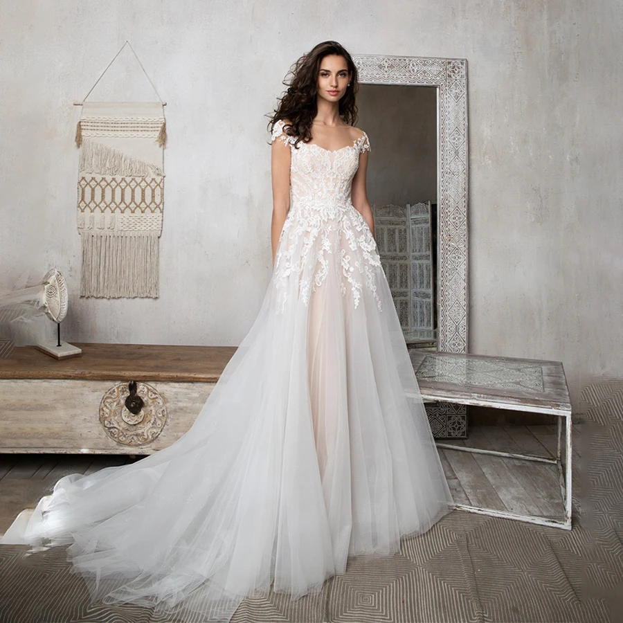 

Scoop Neckline Nude/ivory Lace Wedding Dress A-line Tulle Bridal Dress Vestido Luxo Para Festa De Gala