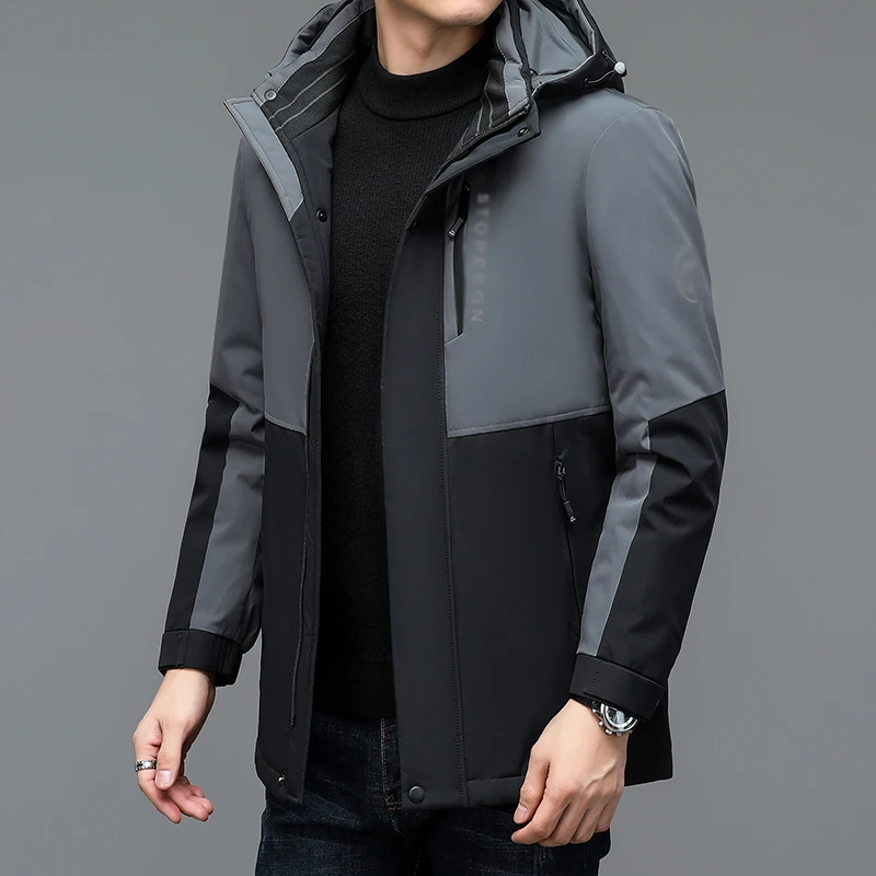 Men Basic Hooded Puffer Parkas Black Grey Colour Block Patchwork Design Thick Thermal Puff Overcoat Lining Detachable Warm Coat