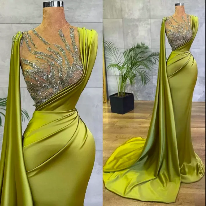 

Arabic Lemon Green Satin Mermaid Evening Dresses Sheer Mesh Top Sequin Beads Ruched Formal Occasion Wear Gold Hunter Sheer Neck