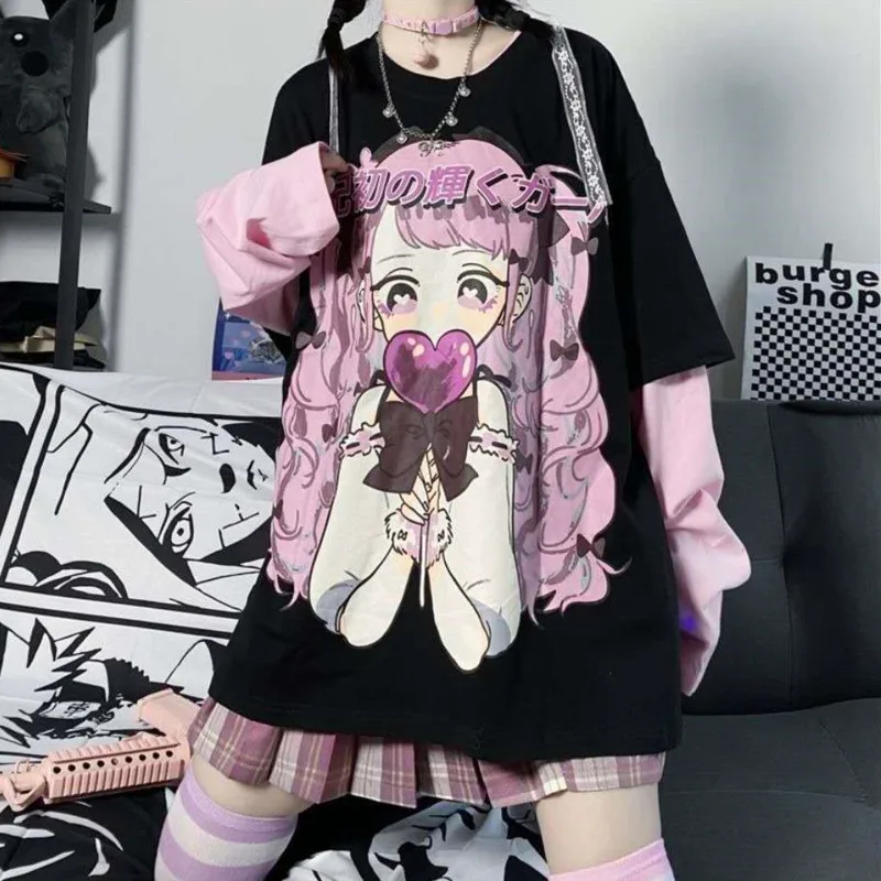 2022 New Autumn Chic Cartoon Print Shirt Girl Harajuku Style Splicing Long Sleeve Tops Student Hip Pop High Street Clothes Women