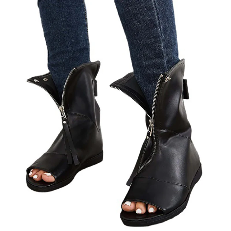 New Cool Cowbloys Sandals Womens Boots PU Open Toe Front Zip Bow Platform Vintage West Knight Ladies Shoes Walking Ridding Boots