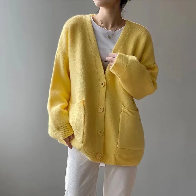 

New Women Girl Fall Winter Cardigans Full Sleeve Knitted Sweaters V Neck Basic Knitwear Pink White Jacket Loose Cardigans Tops