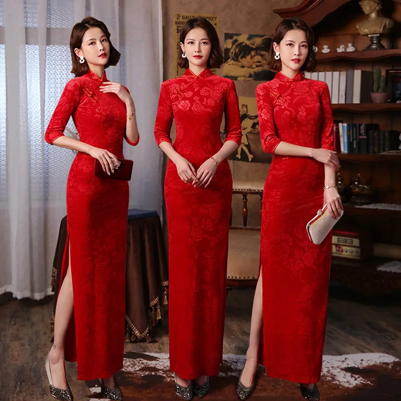 2022 Chinese Style Long Dress Catwalk Slim Cheongsam Women Red Qipao Dress Cotton Wedding Party Hanfu Summer Free Shipping