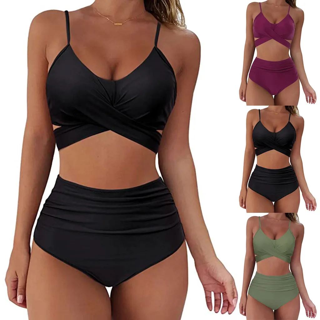 Swimsuit 2022 Women's Summer Bikinis Sexy Soild Push Up Bathing Suit Two Piece Retro Halter Ruched High Waist Bikini Set New