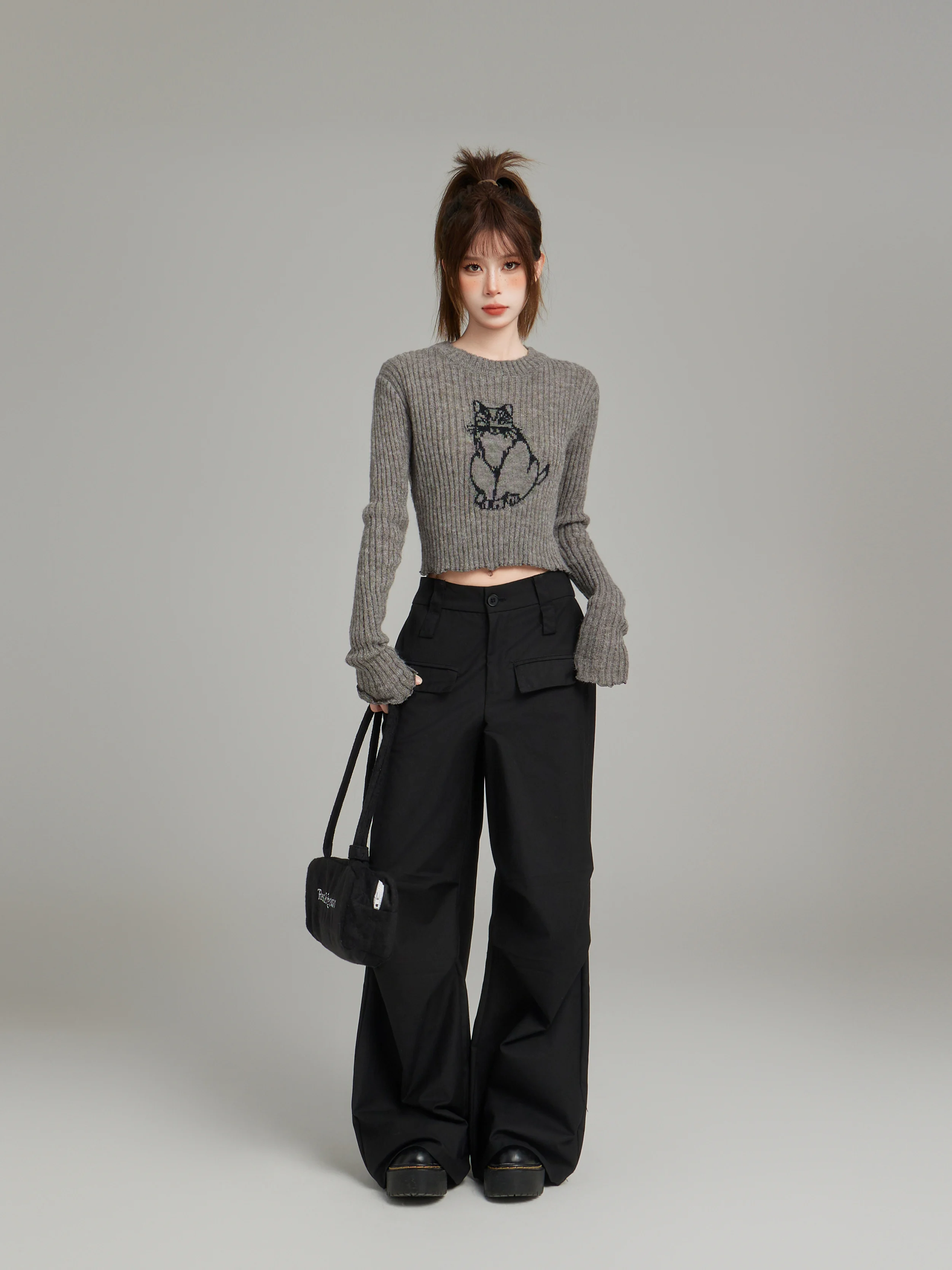 American-Sle Gray Shoulder Pullover Knit Sweater Women Autumn and Winter Slim fit Knitted Inner wear Bottoming Shirt Short Top |