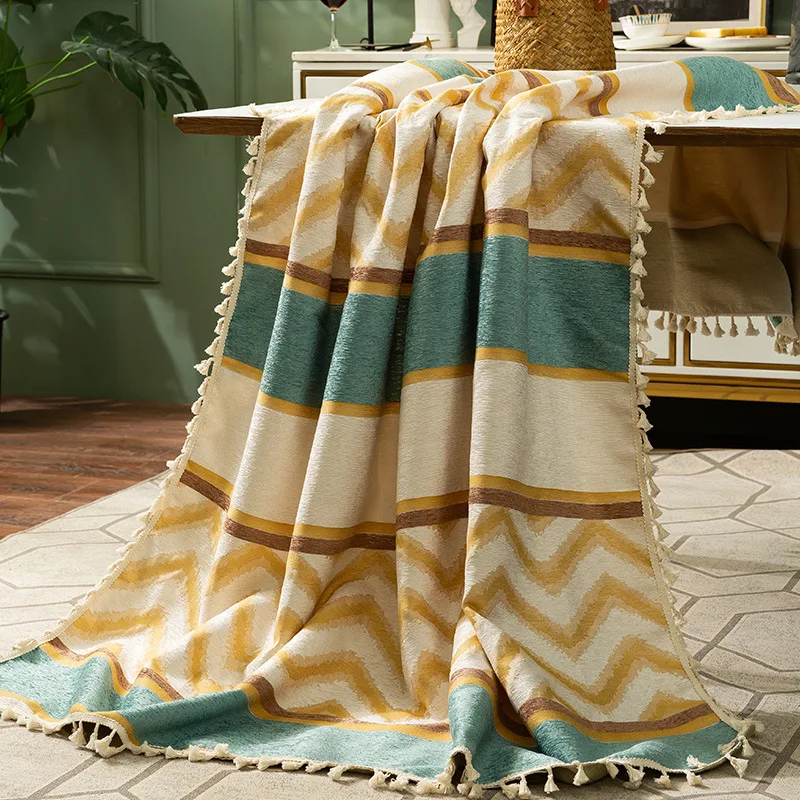 

Chenille tablecloth ins wind yellow stripe Independence Day photo tablecloth coffee table table mat Western tablecloth