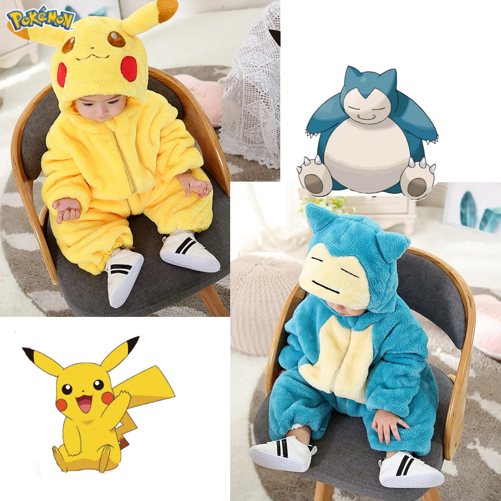 Pokemon Snorlax Pikachu Cosplay Costume Kawaii Baby Kigurumi Pajamas Clothing Newborn Infant Rompers Onesie Winter Sleepwear