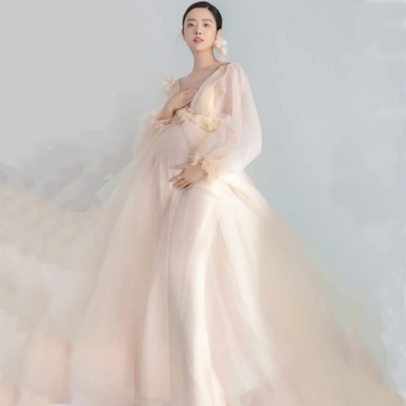 Maternity Photography Dress Long Sleeve Baby Shower Dress Pregnancy Fancy Dress Flower Lace Robe Maxi Gown Maternity Dress