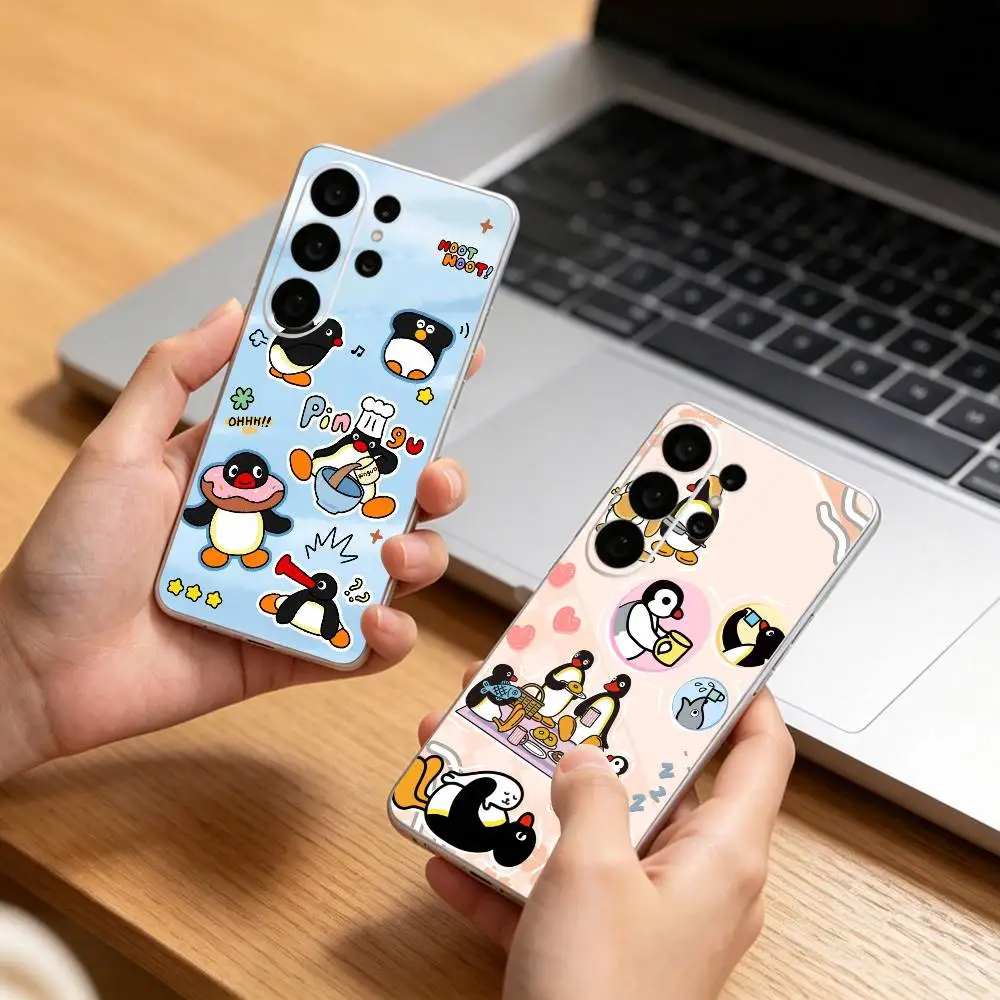Фото Прозрачный чехол для телефона с милым мультяшным рисунком Pingus для Samsung S25,24,21,22,21,20,10,S9Ultra,Plus,Fe,Lite №1