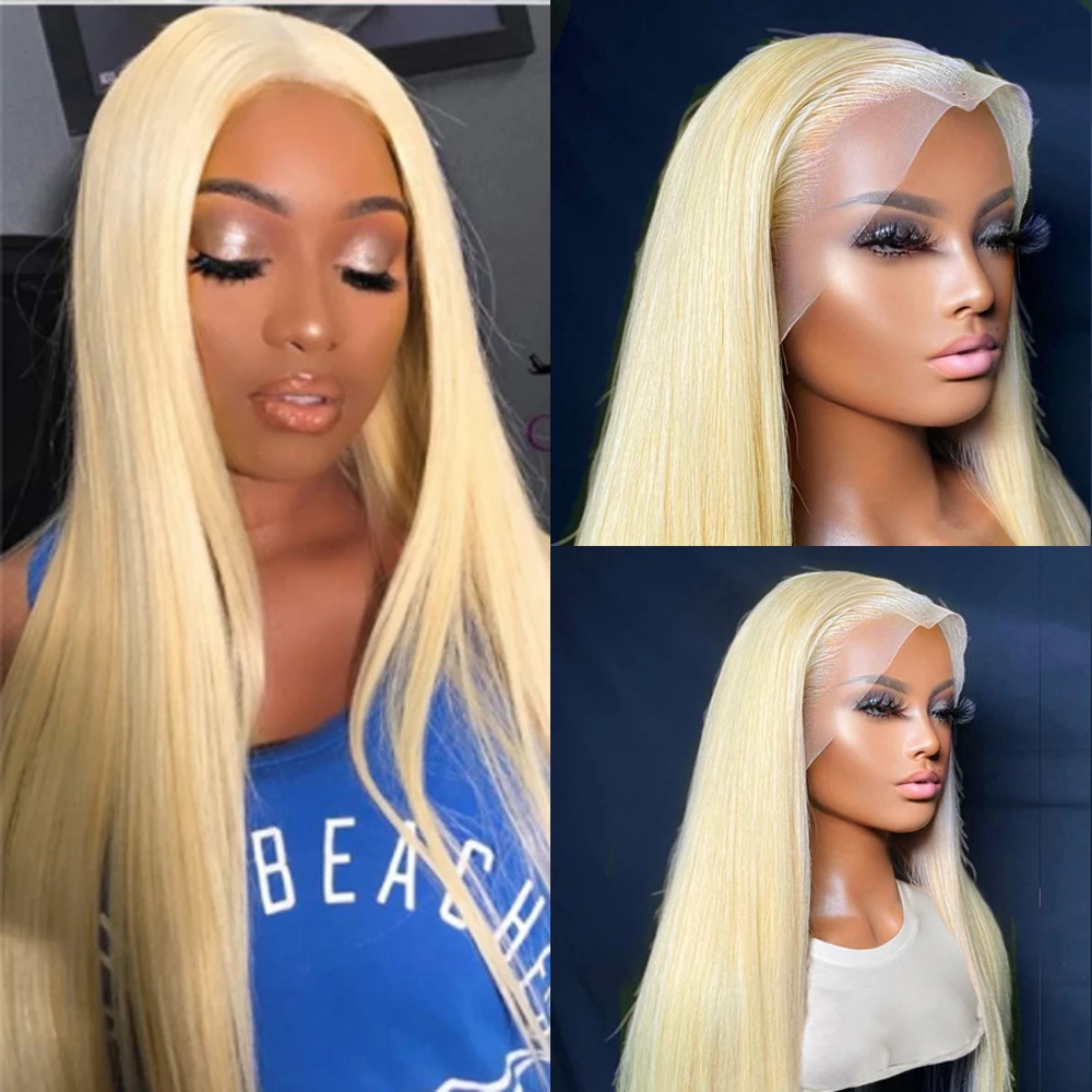 13x4 Lace Front Wig Blonde Straight Mixed Human Hair Blend Synthetic Wig Pre Plucked With Baby Hair 613 Glueless For Black Women