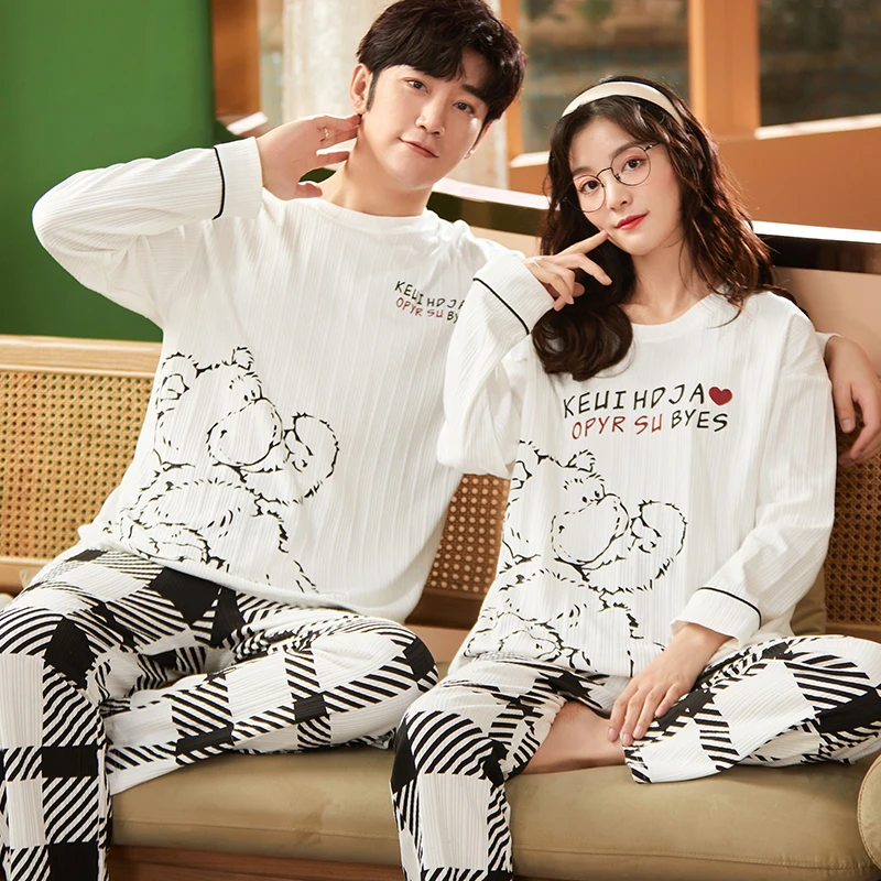 Autumn Couple Pyjamas Cotton Pj Set Man Women Cartoon Sleepwear Pajama Set Pijamas Mujer Homme Nightwear Home Clothing Drop Ship