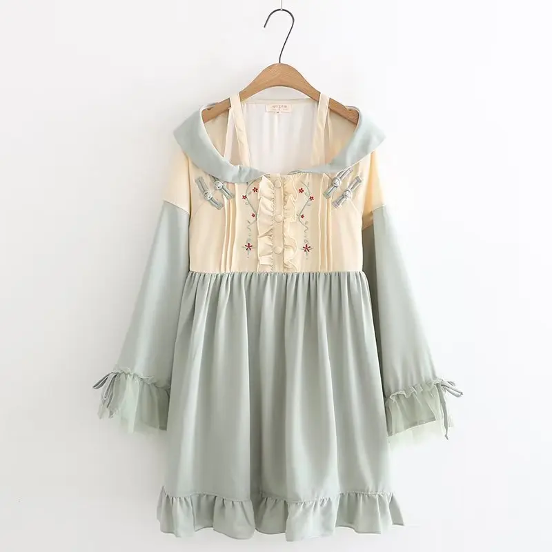 

Splice Frog Women Mid Long Dresses Lolita Mori Girl Autumn Winter Cute Peter Pan Collar Long Sleeve Ruffle Dress jurk dames