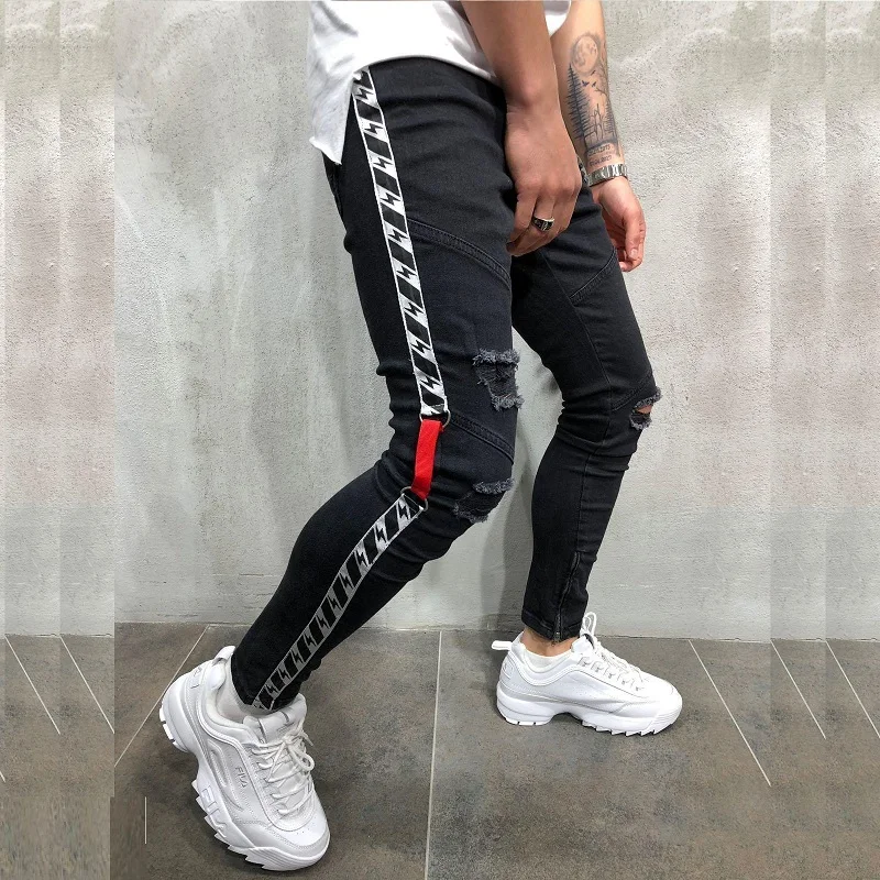 Men's Fashion Ribbon Hole Small Foot Slim Small Foot Zipper Jeans Four Seasons All-match denim jeans Streetwear Men