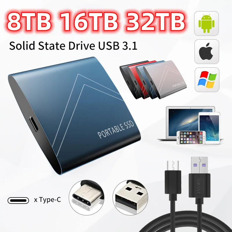 

8TB Portable SSD 16TB High-speed Mobile Solid State Drive 4TB 32TB SSD Mobile Hard Drives External Storage Decives for Laptop