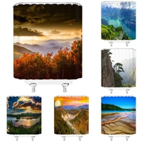 mountain landscape shower curtain scene nature lake pine trees green forest scenery polyester fabric bathroom curtain with hooks