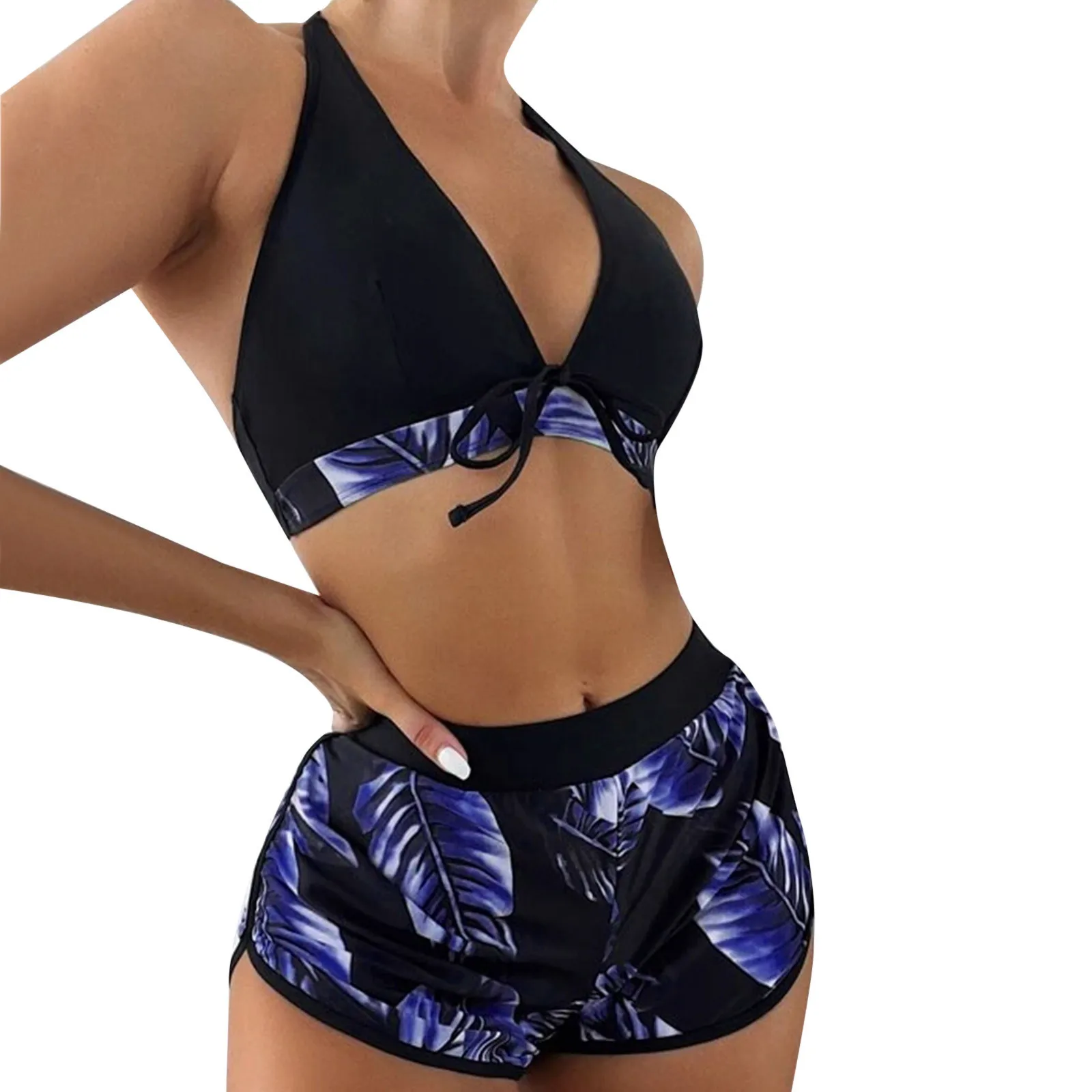 

Women Color 3pack Tropical Print Halter Bikini Swimsuit With Swim Shorts Split Push Up Three Piece Beachwear Swimwear