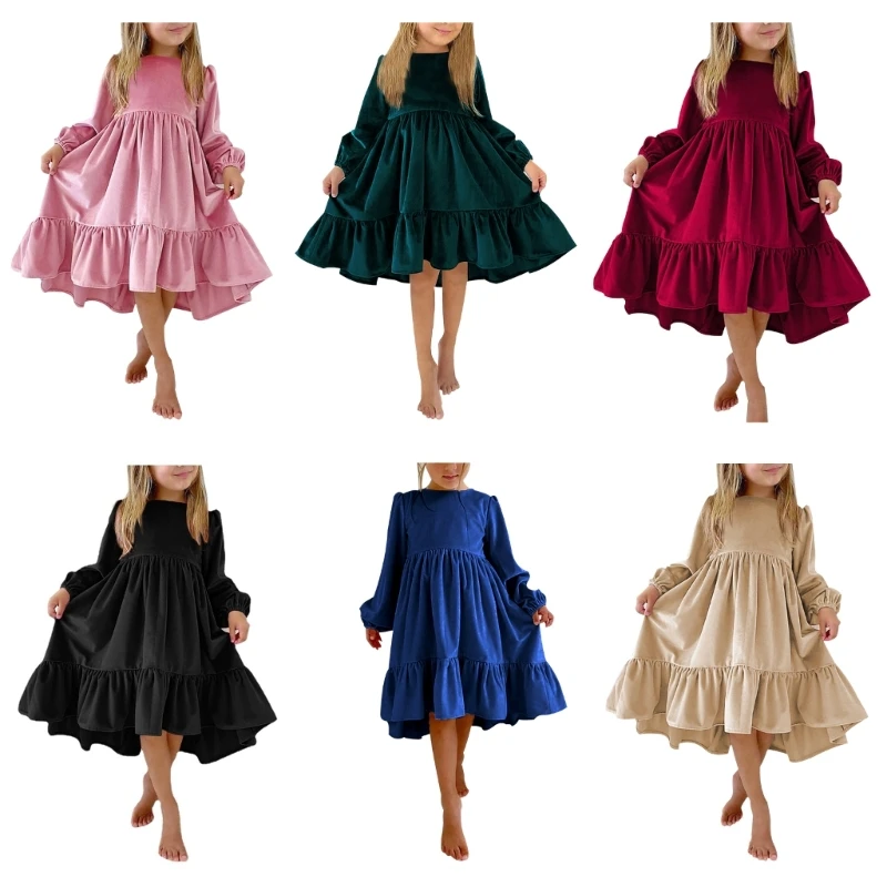 

Girls Dress Long Sleeve Casual Dress Ruffle Party Dress for Evening Gown Christmas Wedding Holiday Clothing Kids Dress N1HB