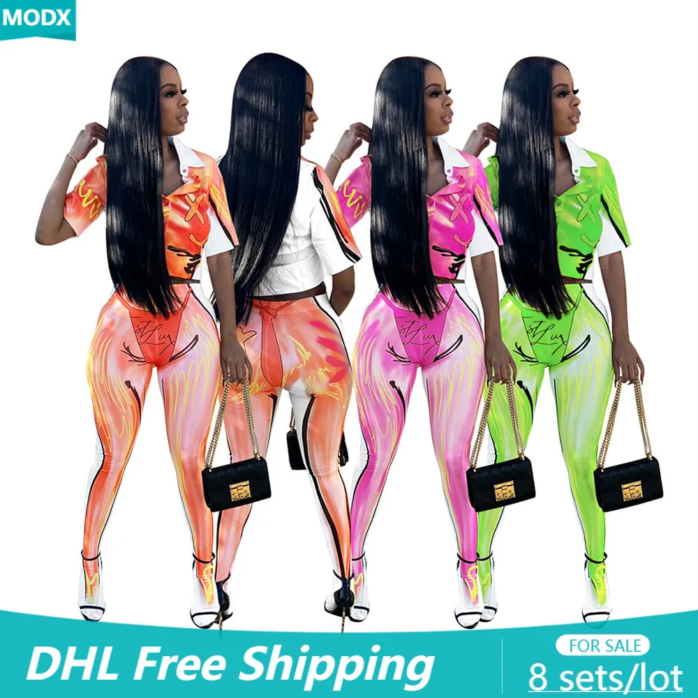 

MODX Wholesale Women Pants Set 2022 Summer New Trendy Tracksuit Slim Colorful Print Shirt + Pantihose 2 Piece Outfit Lady 7836