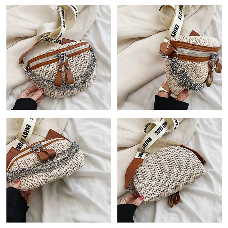 Fashion Women Weave Waist Bag Ladies Shoulder Crossbody Chest Bag Chain Handmade Straw Handbag and Party Purse Beach XM12